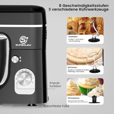 Кухонна машина SUPERLEX 3-в-1: міксер, тістоміс, блендер. 1300W, 5л чаша з нержавіючої сталі, 8 швидкостей, з набором насадок (крюк, вінчик, вінчик для збивання), захист від бризок. Для приготування тіста, випічки та десертів.