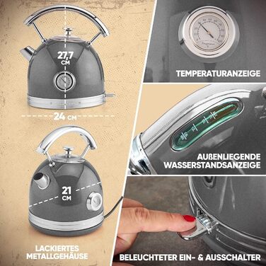 Електричний чайник ProfiCook® PC WKS 1192, 1,7 л, антрацит, ретро-дизайн з металевим корпусом та хромованими деталями, з індикатором температури, 2200W