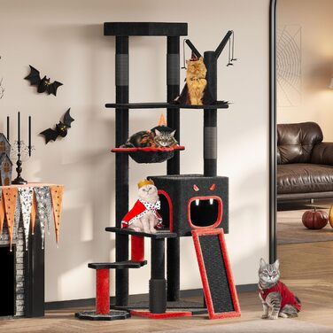 Кігтеточка YITAHOME Готичний XL, 160 см, з 4 колонами з сизалю, платформа для сну, гамак, кулі-іграшки, чорна