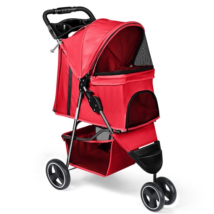 Дитяча коляска для тварин, складана, для котів/собак, з кошиком для зберігання та тримачем для напоїв, 3 колеса, для собак та котів, для маленьких або середніх собак, котів, цуценят (Червона)