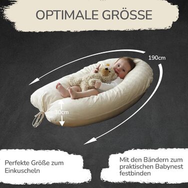 Minky Mooh Stillkissen XXL Organic Cotton with Kapok Filling | Large pillow for breastfeeding and bottle feeding | Pregnancy pillow side sleeper pillow | hypoallergenic and quiet | 190x30 cm, creme