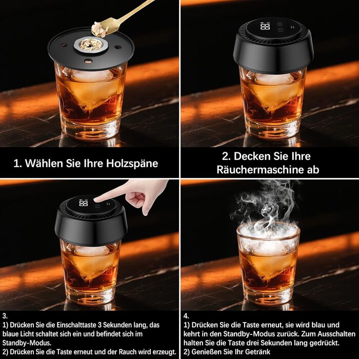 Електричний набір для копчення віскі, коктейльний дим-сет з LED-підсвічуванням, ретро-набір для копчення з 6 дерев'яними чіпсами, USB-C перезарядна аксесуар для віскі та бурбону