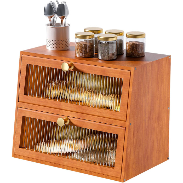 Дерев'яний хлібниця великого об'єму, 2-ярусний, для кухні, стиль хата, з акриловим вікном (колір: коричневий)