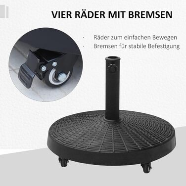 Outsunny Parasol Stand Umbrella Stand Umbrella Holder Umbrella Base 25 kg Rattan-look Stand Umbrella Ø38/48 mm with Wheels Resin + Metal Black Ø52 x 41 cm