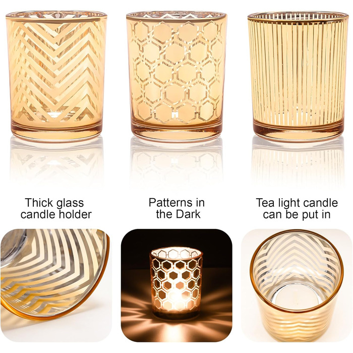 Toptime Tealight Holders, 12 Pieces, Glass Candle Holders for Table Decoration, Romantic Vintage Tealight Glasses with Embossed Dot Pattern, Small Tealight Glass for Wedding, Birthday, Christmas (Gold)
