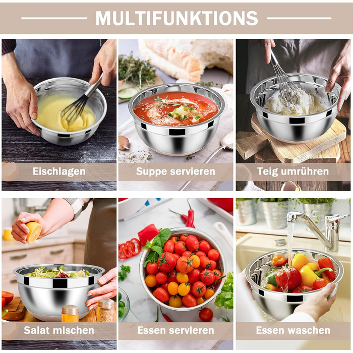 Homikit Mixing Bowl Set, Stainless Steel Bowl Salad Bowl 6-Piece Set with Airtight Lid & Khaki Silicone Bottom, Nesting, 4.6L/2.8L/2.5L/1.6L/1.2L/0.7L