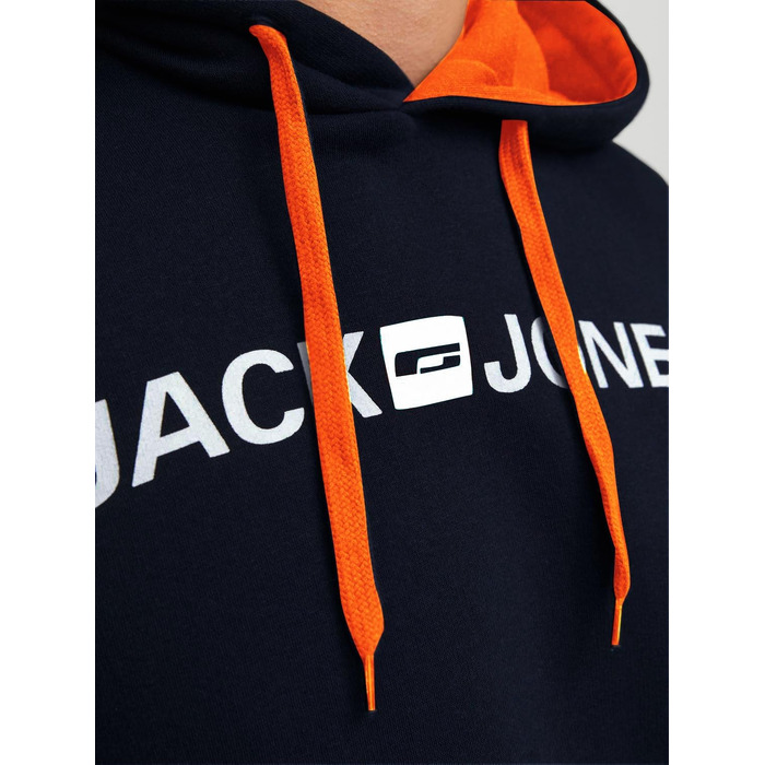 Чоловічий худі JACK & JONES з капюшоном та кишенею, Regular Fit, колір Shocking Orange/Navy Blazer, розмір XS