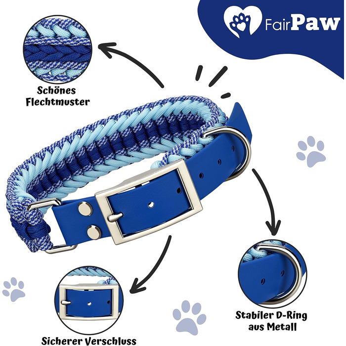 Нашийник для собак FairPaw з паракорду - широкий, ручної роботи, для великих собак, блакитний L