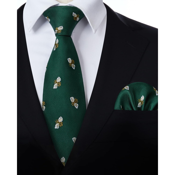 HISDERN Комплект краватки та нагрудного хустинки для чоловіків, зелено-жовтий принт, класичний стиль, для весілля та ділових зустрічей