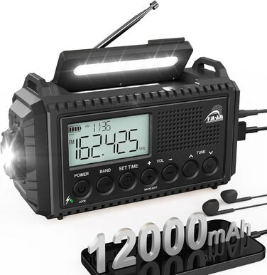 Радіо на сонячній батареї та з ручним генератором | Powerbank 12000mAh, AM/FM/SW, SOS, USB-C, IPX4, ліхтарик, для кемпінгу та відпочинку на природі (чорний)