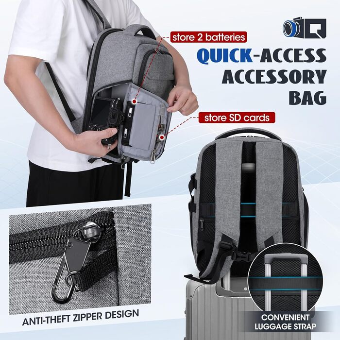 Рюкзак для фотокамери RAINSMORE з відділенням для ноутбука 14 дюймів, сірий. Підходить для Canon, Nikon, Sony (DSLR, SLR)