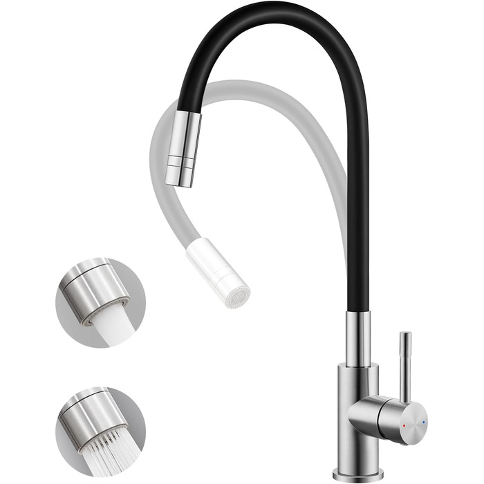 Чорний кухонний змішувач з гнучким виливом, 360° обертання, 2 режими струменя, нержавіюча сталь