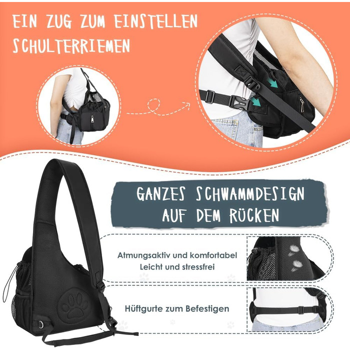 Dog-friendly sling carriers, hands-free travel bag for small pets with adjustable straps, hardboard base, safety belt, for dogs up to 2.8kg, widened version (M+ (For short-legged pets under 2.8kg), Black)