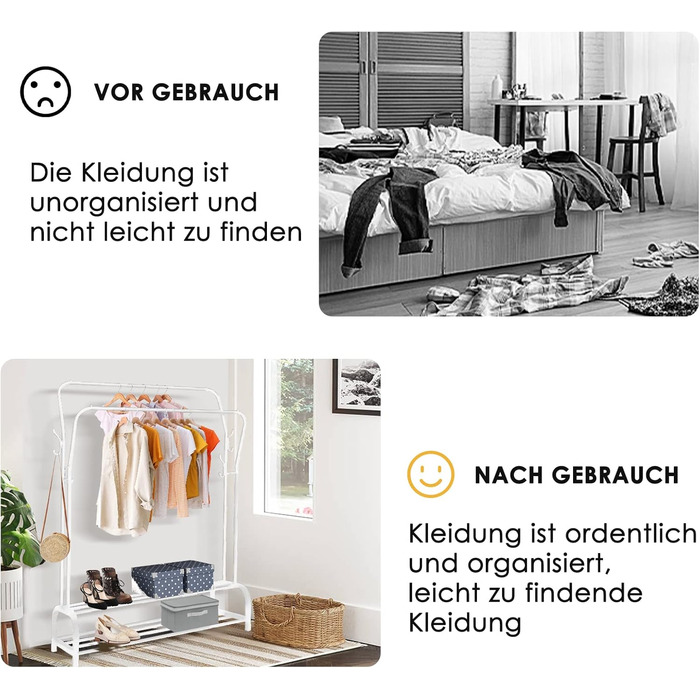 Стійка для одягу на підлозі з металу з полицею для взуття та нижньою полицею, для спальні. Металева стійка для одягу з подвійними вішалками (біла)