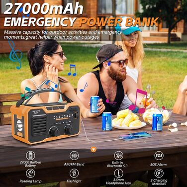 Радіо-зарядний пристрій Kurbelradio на 27000mAh з сонячною панеллю, FM/AM, Bluetooth 5.3, SOS-сигналом, компасом та ліхтариком для надзвичайних ситуацій та виживання на природі (зелений, оранжевий)