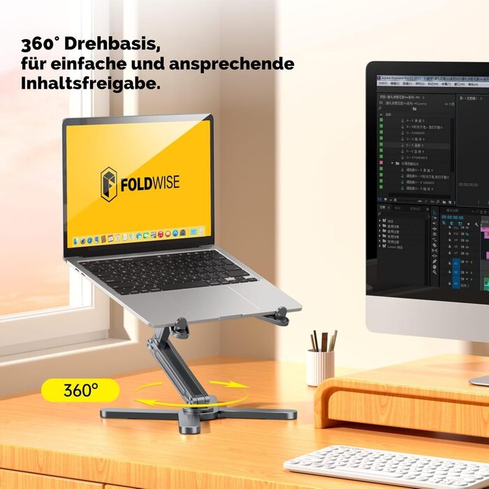 FoldWise X Laptop Stand for Desk – Aluminum, 360° Swivel, Foldable, Height & Angle Adjustable – Stable & Portable Laptop Riser, MacBook Stand & Computer Holder for 11-18 Inch