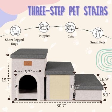 Сходинка для собак Downluxe: 3 сходинки для маленьких собак, з антиковзким покриттям, когтеточкою та гніздом (сіро-бежевий)