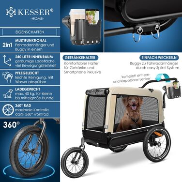 KESSER® Візок для собак Боксер 3-в-1: візок, буксир для велосипеда та лежак. Великий об'єм 240 літрів, амортизація, поворотне переднє колесо 360°, матеріал 600D Oxford Canvas, SmartSpace, вантажопідйомність 40 кг, зелений
