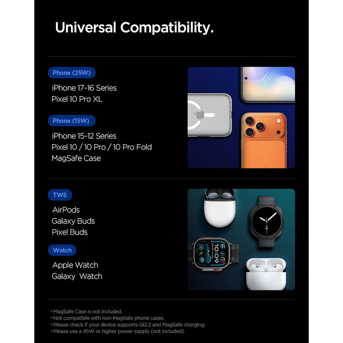 Зарядна станція Spigen Essential Qi2.2 25W 3-в-1 MagSafe для iPhone 17/16 Pro Max, Pixel 10 Pro, AirPods, Samsung Galaxy S26 Ultra - Чорна + USB-C кабель 2м