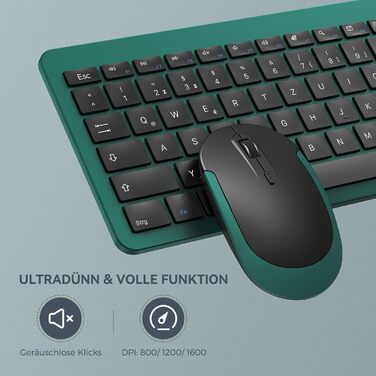 Бездротовий комплект клавіатури та миші Seenda SK38-3 Ultra-Dünne, Ergonomічна клавіатура з захистом від пилу, DE QWERTZ, чорний/зелений