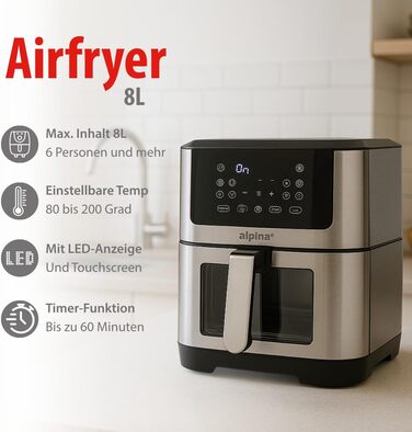 Фритюрниця Alpina Heißluft XXL: Цифрова фритюрниця Air Fryer на 8 літрів, 1800W, для 4-6 осіб, з таймером до 2 годин, 80-200°C
