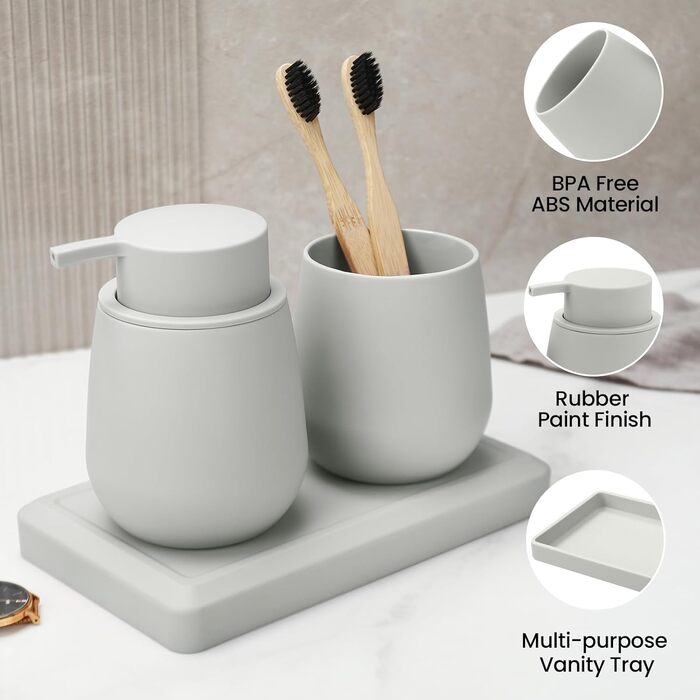 Сучасний набір для ванної кімнати AJEUNGAIN сірого кольору: мильниця, стакан для зубної пасти, піднос. Організатор для ванної кімнати (сірий). 3 шт.