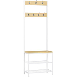 WOLTU Coat Rack Clothes Rack Laundry Rack Shoe Shelf with Seat, with 7 Hooks, Wood and Steel, Hanging Shelf, Black Vintage (Light Oak + White)