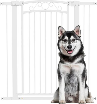 PawHut Бар'єр для собак, ворота з регульованою шириною 76-104 см, захисний ґрат для собак з 2 розширеннями, подвійний замок та маленькі дверцята для сходів та дверей, білий