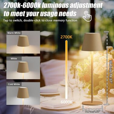 Aipsun LED настільна лампа на акумуляторі, бежева, 6000mAh, регульоване світло (2700K-6000K), з водонепроникністю IP54, з алюмінію, для ресторану, спальні, бару, кемпінгу (2 шт.)