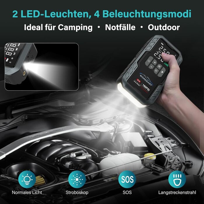 Powerbank для авто 27000 mAh з компресором 160 PSI, 12V, 8.0L, LED-ліхтарик, для бензинових та дизельних двигунів