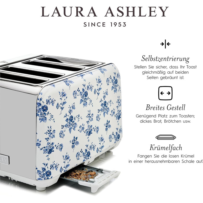 Тостер VQ Laura Ashley з 4-ма тостами, регулюванням нагріву, функціями розморожування та підігріву, з насадкою для круасанів, нержавіюча сталь, ретро-дизайн, колір 