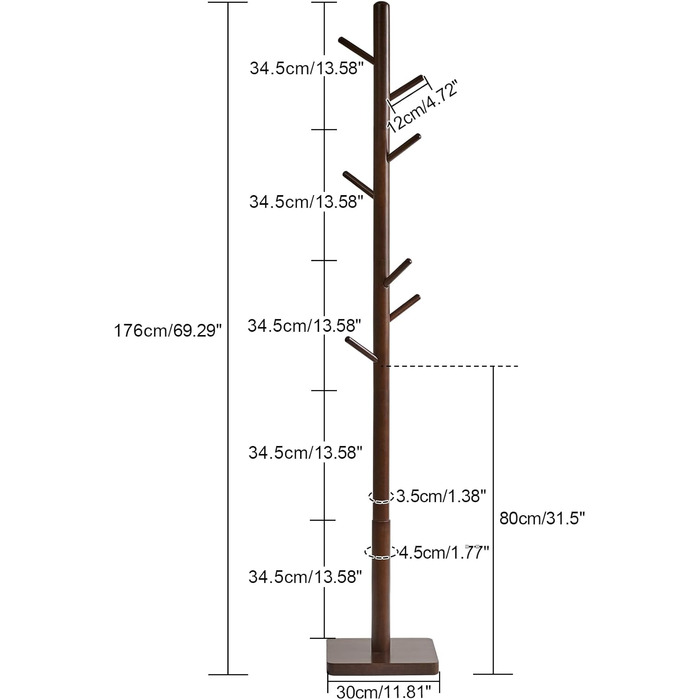 YMYNY Solid Wood Wardrobe Rack, Freestanding Clothes Rack with 8 Hooks, Thickened with 3 Adjustable Heights, for Bag, Clothing, Living Room, Natural Color HCR002N (Brown, Square Base)