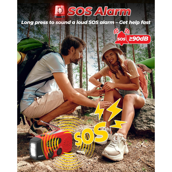 Радіо Esky Kurbelradio AM/FM водонепроникне, портативне з динамо-машиною, SOS-сигналом, Power Bank та LED-ліхтариком (червоне) - для походу, надзвичайних ситуацій