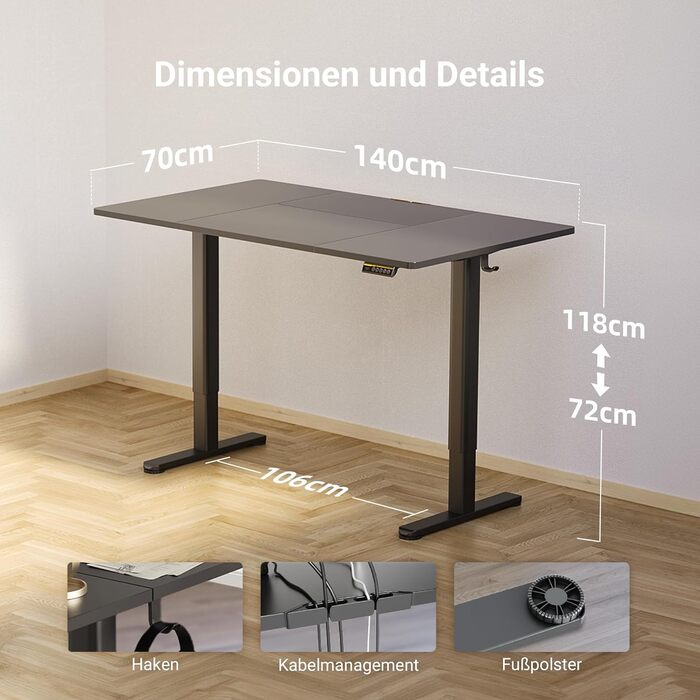 Claiks Electric Height Adjustable Desk 140x70cm - Standing Desk with Cable Management, Memory Function & Ergonomic Design (FSC® Certified)