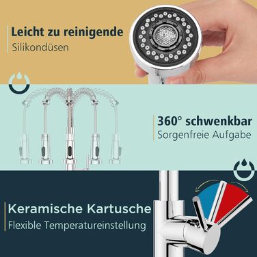 Кран кухонний FORIOUS з високим вигином, висувною лійкою, 360° поворот, 2 режими, нержавіюча сталь (шліфована/полірована)