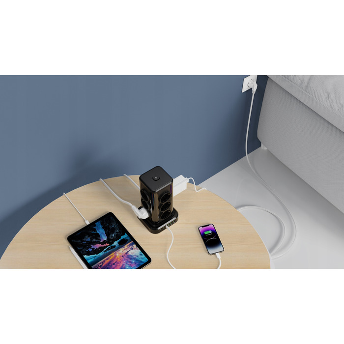 Мережевий фільтр Perys: 12 розеток, 3x USB-A, 3x USB-C, 2 м, чорний