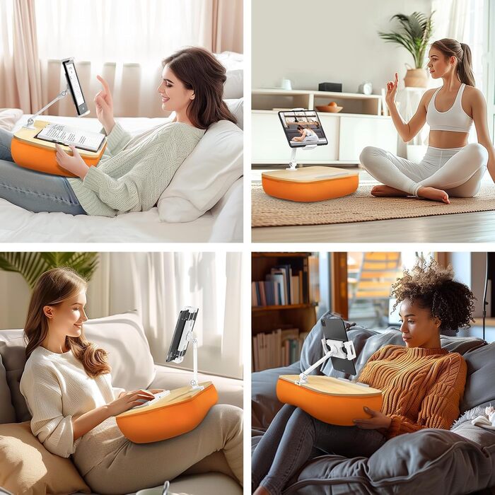 Підставка-подушка Beanbag для планшета та смартфона з регульованим тримачем, універсальний м'який чохол для читання в ліжку та на дивані (4,7–13 дюймів), Сірий/Помаранчевий