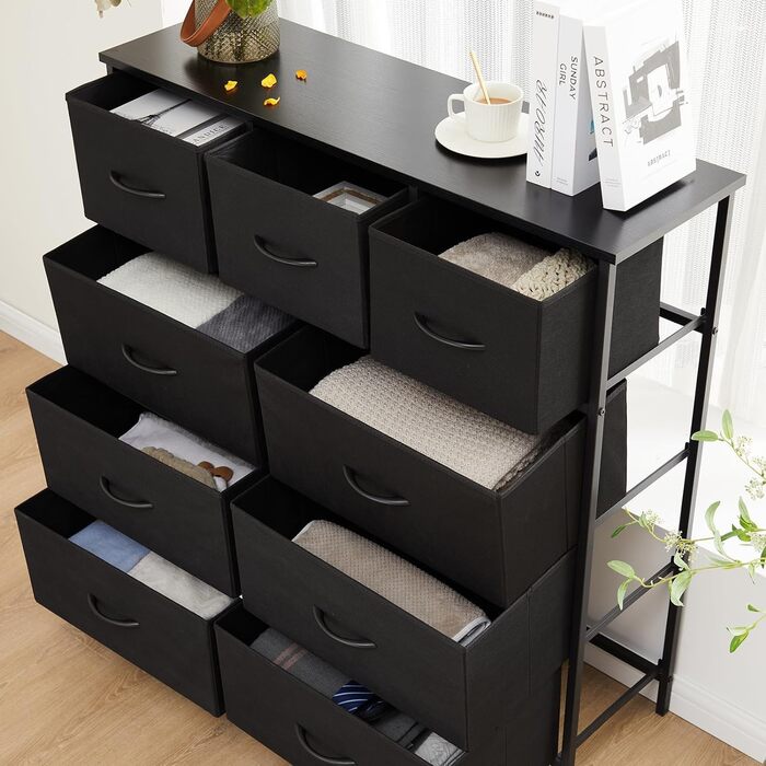 DUMOS Dresser with Drawers - Dressers & Sideboards for Bedroom Suitable, Dresser with 9 Drawers, Fabric Dresser with Sturdy Steel Frame, Ideal for Bedroom, Living Room (Black)