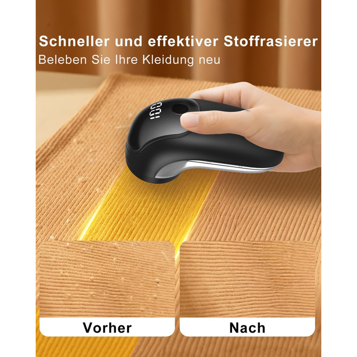 Електричний видалення ворсу для одягу, меблів та текстилю - портативний бездротовий прилад з LED-дисплеєм та 3 рівнями налаштування, чорний