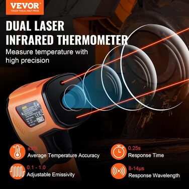 VEVOR Infrared Thermometer IR 50:1 Pyrometer -40°C to 1500°C Laser Temperature Meter 180x120x60mm Temperature Measuring Device Not a Human Body Thermometer for Cooking/Barbecue/Freezer/Industry