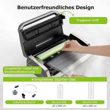 Вакуумний пакувальник Bonsenkitchen 15 л/хв - високопродуктивний, сертифікований, з інтегрованим ножем та 2 рулонами