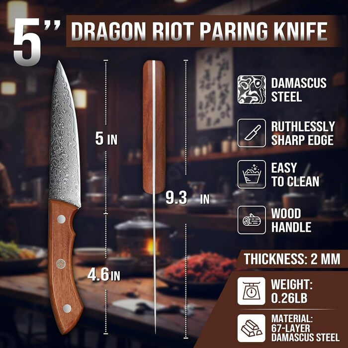 Японський ніж DRAGON RIOT з дамаської сталі, професійний кухонний ніж для м'яса, 12 см, у подарунковій коробці