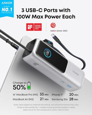 Powerbank Anker 25000mAh 165W з USB-C: зарядка для iPhone, MacBook, Samsung та інших пристроїв (срібний)