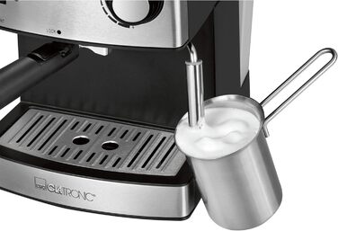 Clatronic® Espresso Machine | Small Coffee Machine | 15 bar Pump Pressure | 1.6 Liter Transparent Water Tank (Removable) | 2 Stainless Steel Nozzles with Frothing and Hot Water Function | 850 Watts | ES 3643