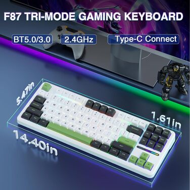 Ігрова механічна клавіатура AULA F87: бездротовий TKL, RGB, Hot-Swap, QWERTY, підтримка Bluetooth 5.0, п'ятишарове демпфування