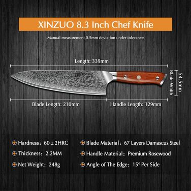 XINZUO 21cm Damascus Chef's Knife - 67 Layer Damascus Steel Gyuto Knife for Meat, Fish & Vegetables - Professional Handcrafted Kitchen Knife with Ergonomic Rosewood Handle
