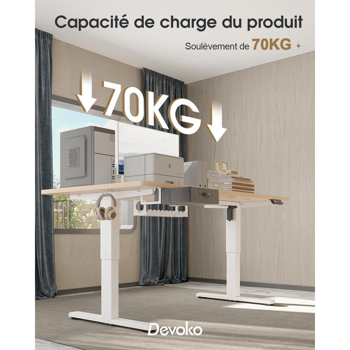 Регульований стіл Devoko 160x80 см з ящиками, USB-порт, органайзер для кабелів, стіл для комп'ютера з 3 функціями пам'яті, білий