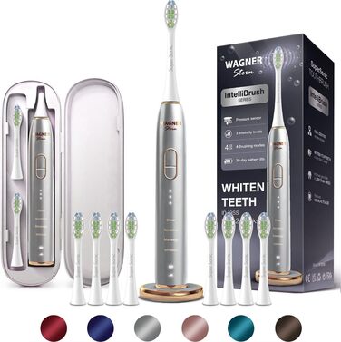 Електрична зубна щітка Wagner Stern IntelliBrush Series Whitening з датчиком тиску, 4 режими, 8 насадок, кейс (Silver Mist)