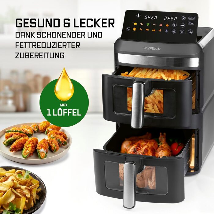 Фритюрниця повітряна Gourmetmaxx AirGenius 9 л (2 x 4,5 л) з 8 програмами | 2 камери для приготування 2 страв одночасно | Сенсорний дисплей | Для 8 осіб