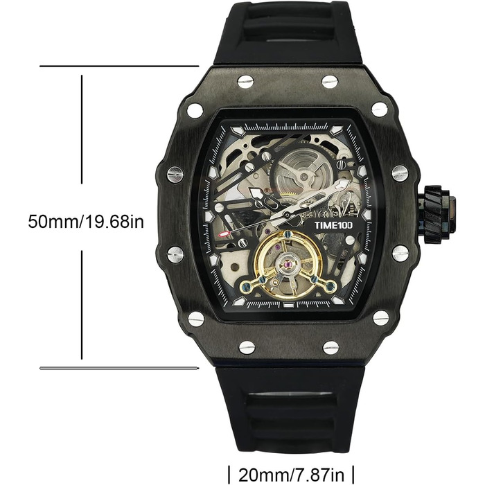 TIME100 Автоматичний годинник для чоловіків: водонепроникний, з підсвічуванням, серія Pilot, Angel Wing, бізнес-стиль, механічний годинник з шкіряним/силіконовим ремінцем, скелетний дизайн (чорний)